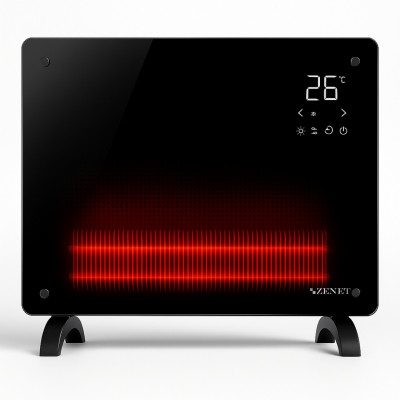 Черен стъклен конвектор Zenet 523, 1000W | Електрически подов и стенен черен стъклен отоплител 