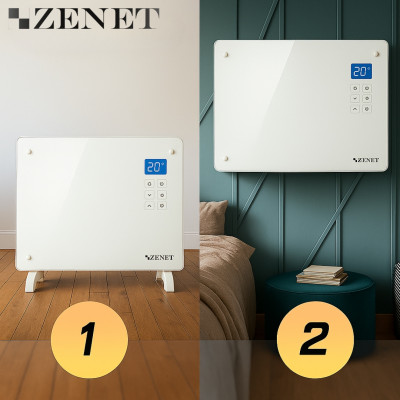 Zenet ZET-526 Convector electric din sticlă albă, panou de încălzire 1500W | Panou din sticlă albă cu telecomandă