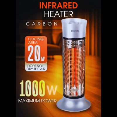 ZENET ZET-516 Infrared Heater, Silver, 1000W | Energy-Efficient and Safe Heating with IP24 Protection